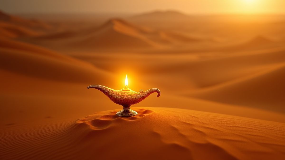 Een Arabische woestijn met een stralende magische lamp.