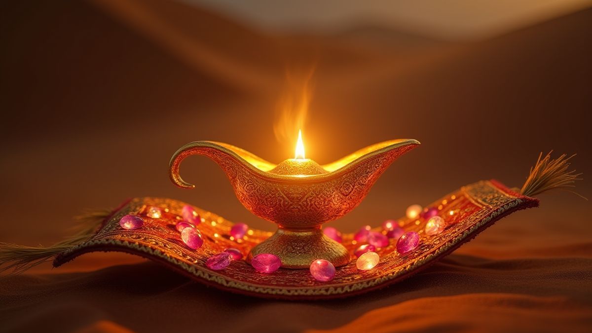 Eine goldene Lampe umgeben von funkelnden Edelsteinen auf einem fliegenden Teppich.
