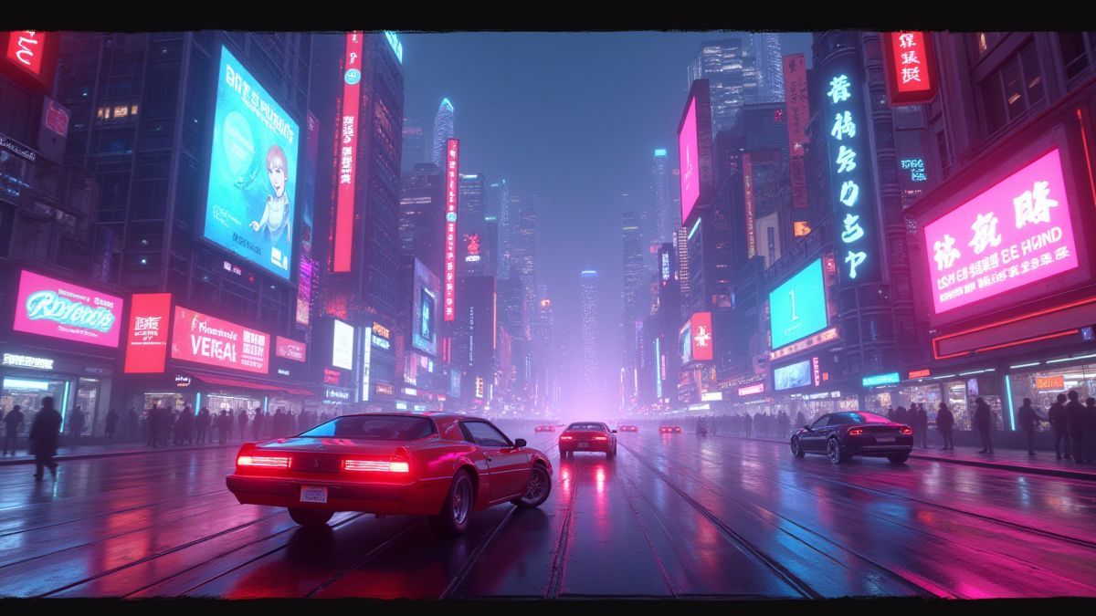 Blick auf eine futuristische Stadt mit fliegenden Autos und holographischen Werbetafeln.