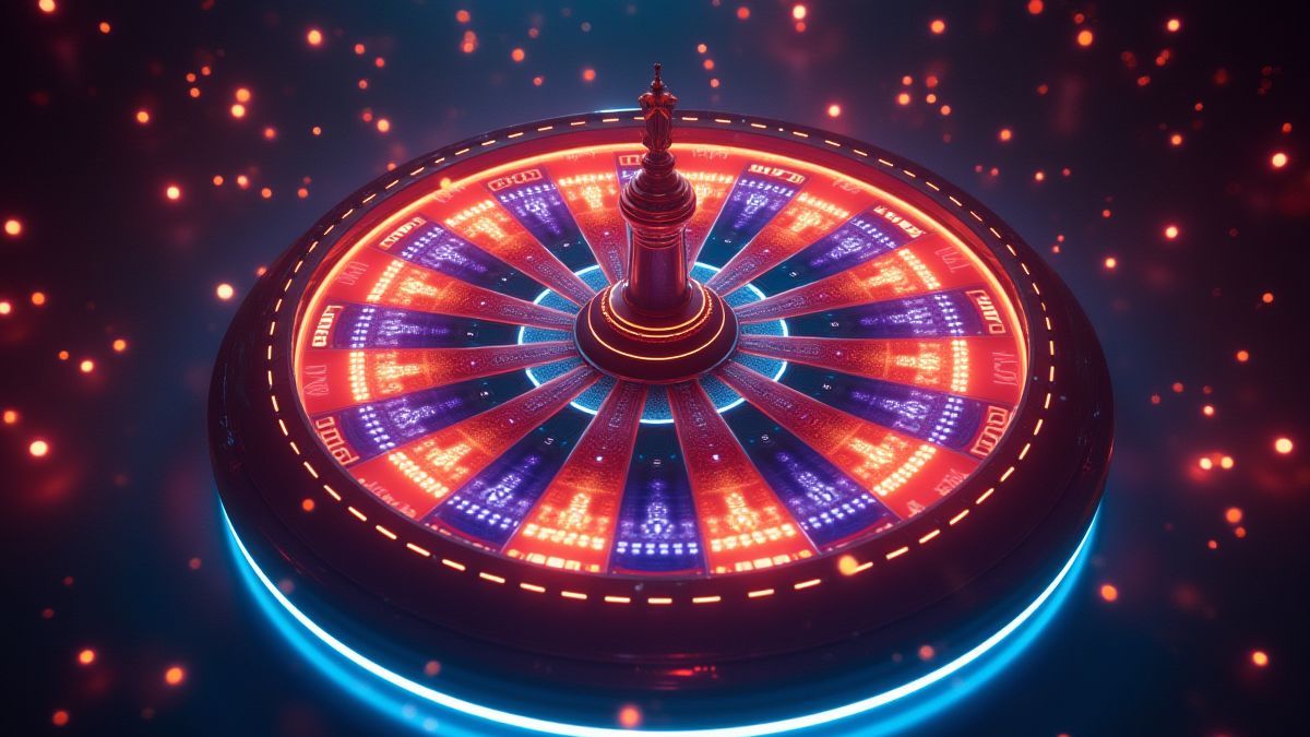 Ein leuchtendes drehendes Rad umgeben von futuristischen Lichtern.