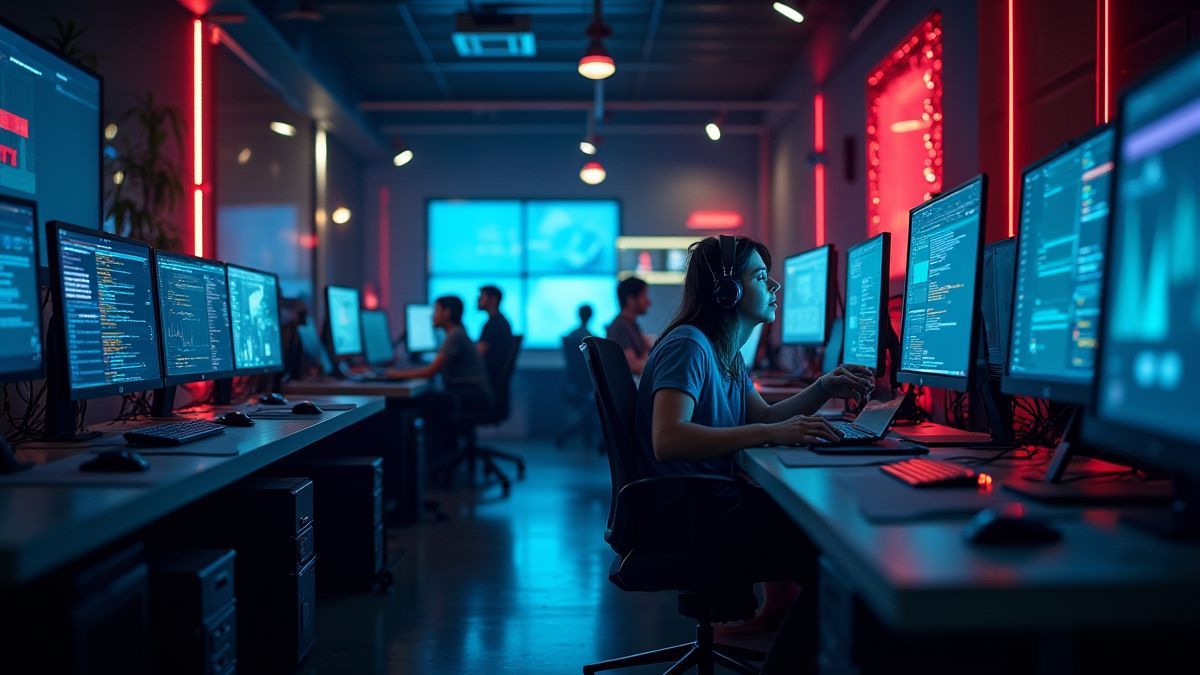 Ein technologisches Entwicklungsstudio mit leuchtenden Monitoren und kreativen Designern.