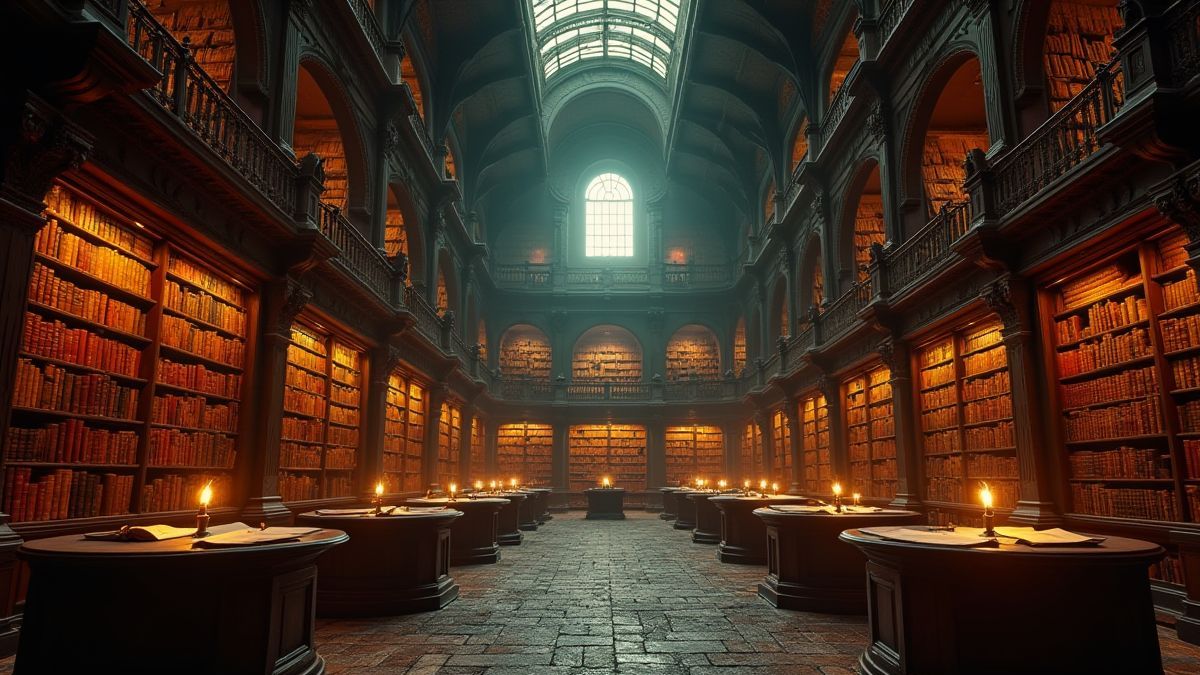 Une bibliothèque ancienne avec des livres brillants et un aura magique.
