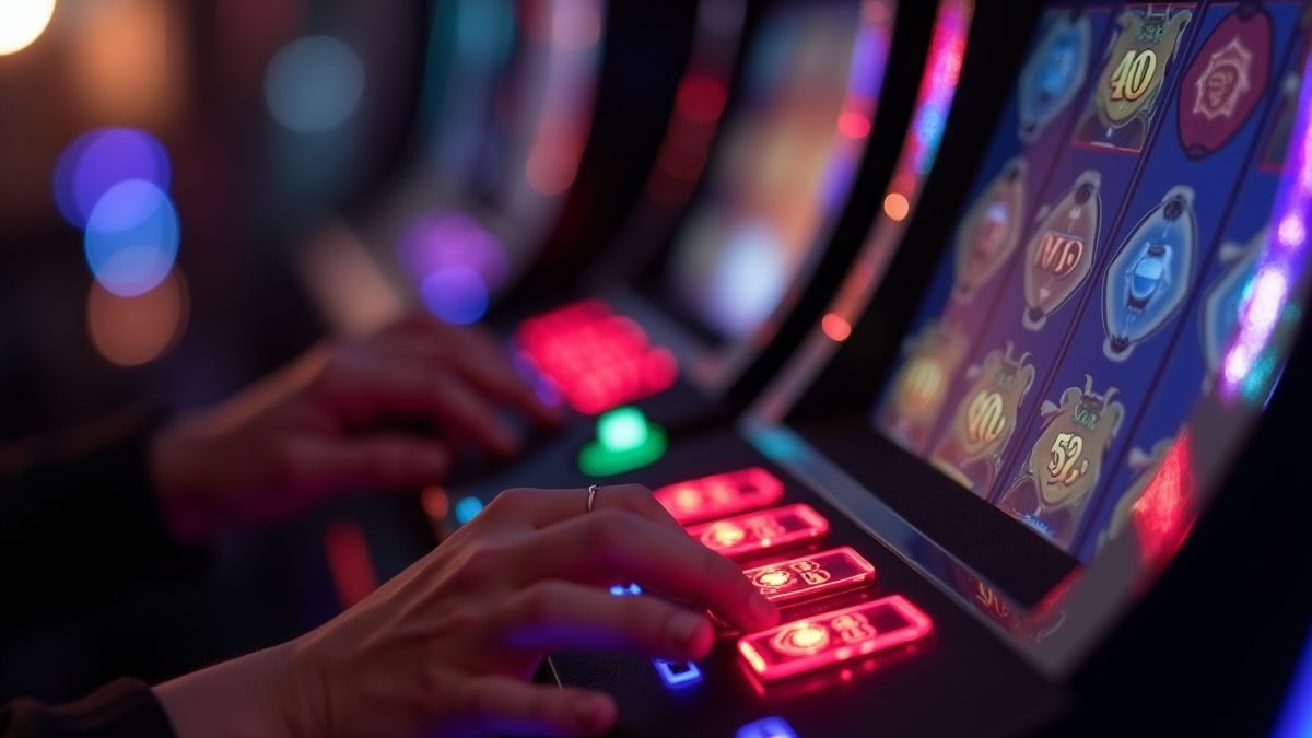Un joueur ajustant une machine à sous avec des boutons brillants et une thématique magique.