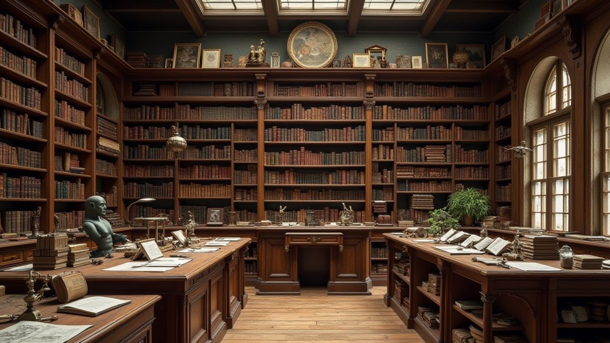 Una biblioteca renacentista llena de libros y herramientas científicas.