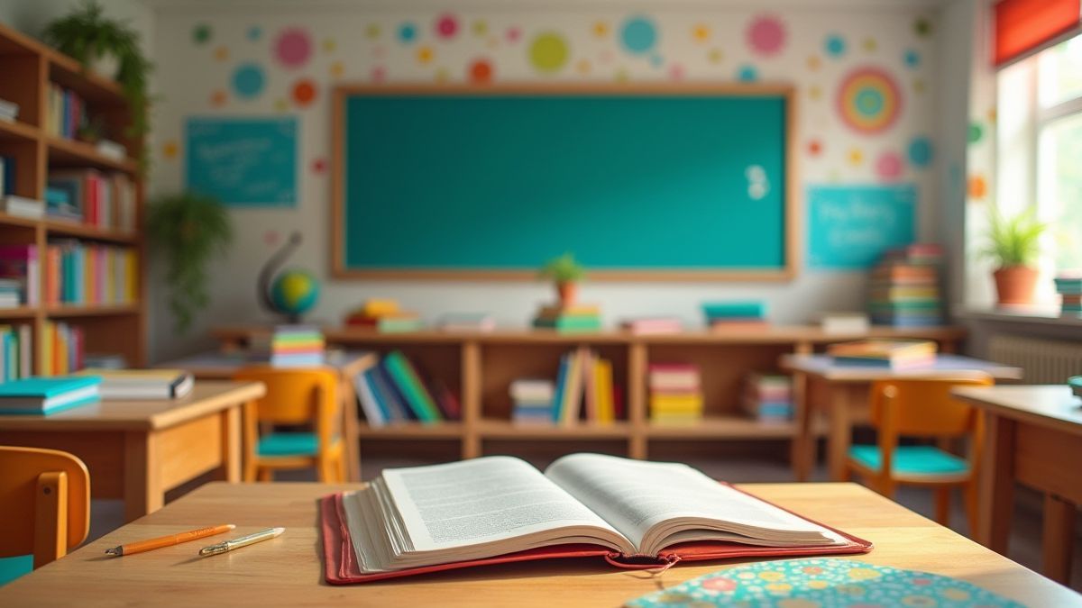 A colorful classroom with books and educational tools.