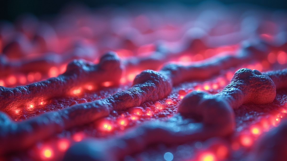 Germes colorés regroupés sur une grille lumineuse.