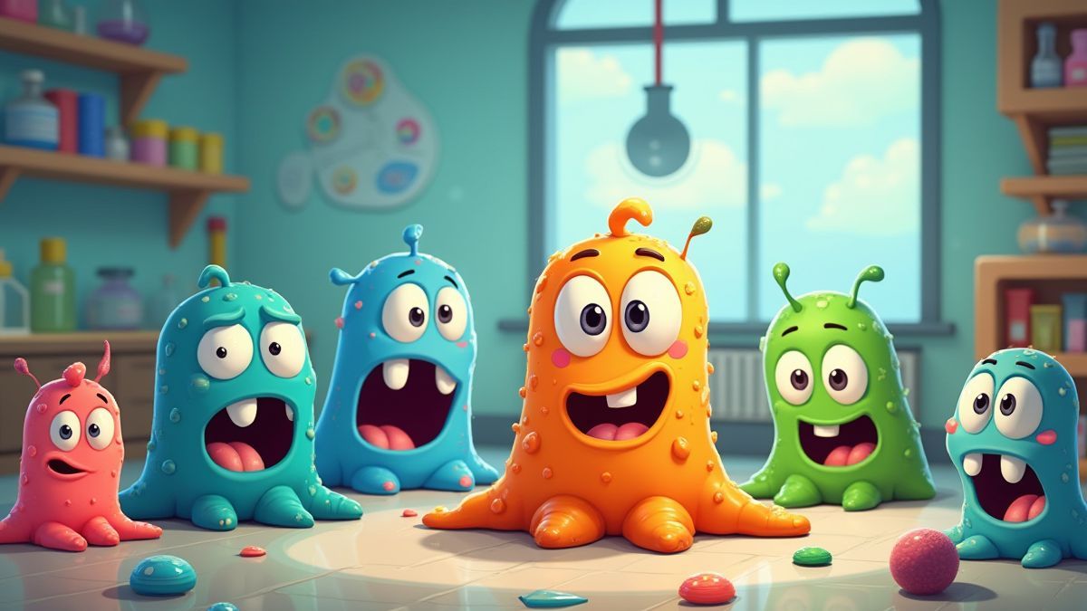 Germes caricaturaux avec des expressions amusantes dans un laboratoire coloré.