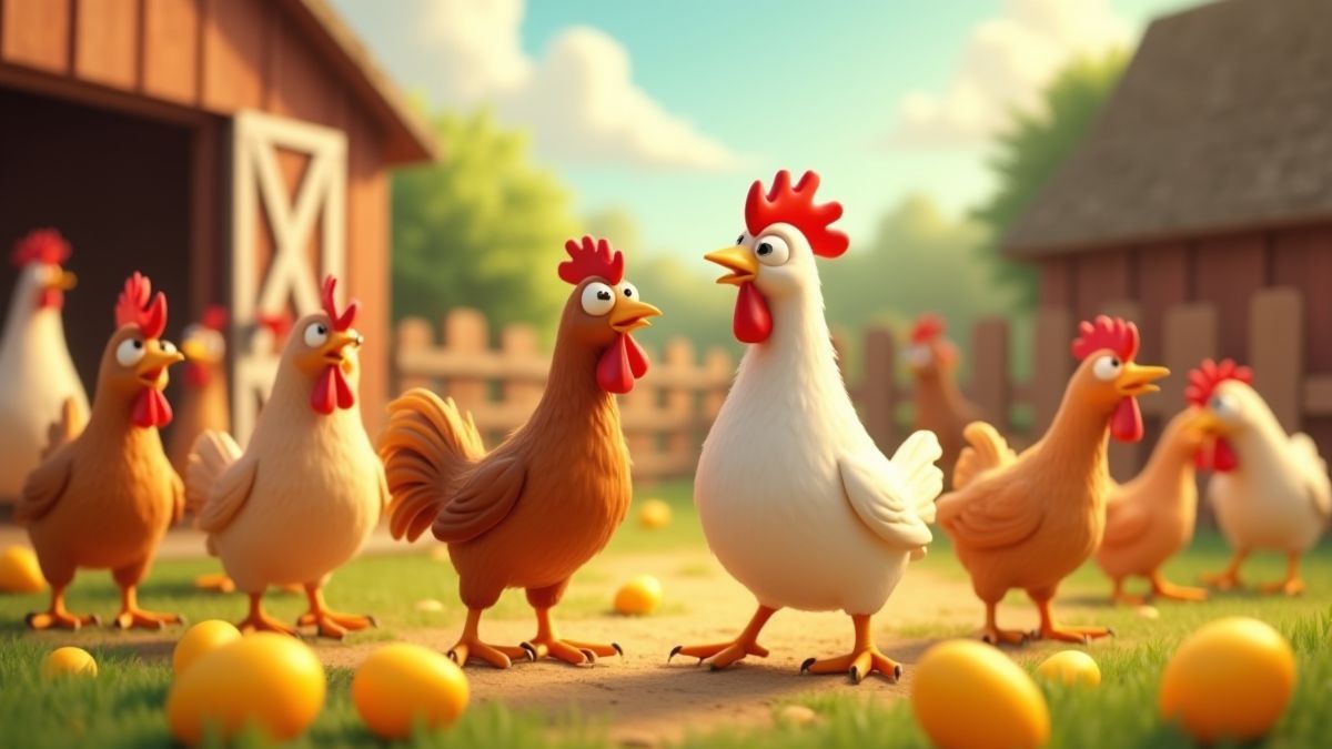 Een geanimeerde boerderij met kippen en gouden eieren verspreid.