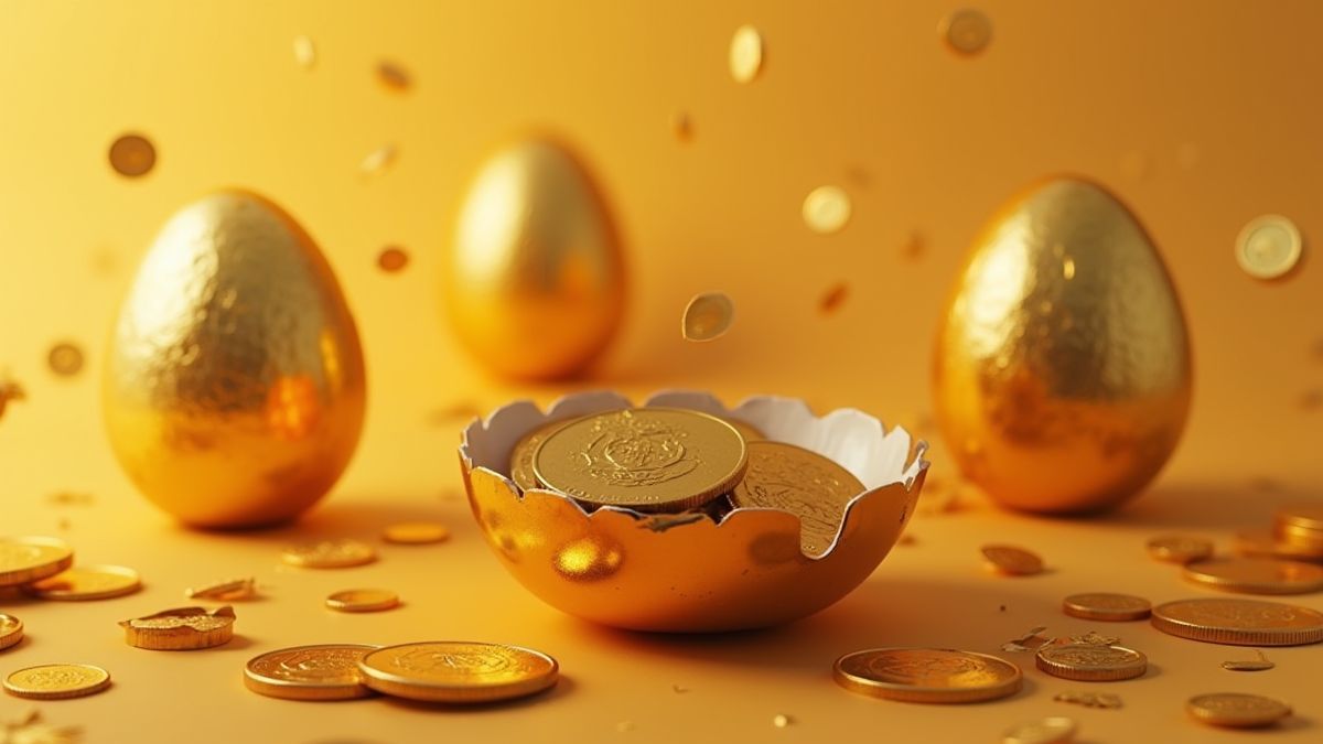 Gouden eieren die worden gebroken om gouden munten te onthullen.