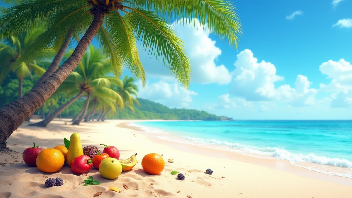 Tropisch strand met verse vruchten op het zand en palmbomen op de achtergrond.