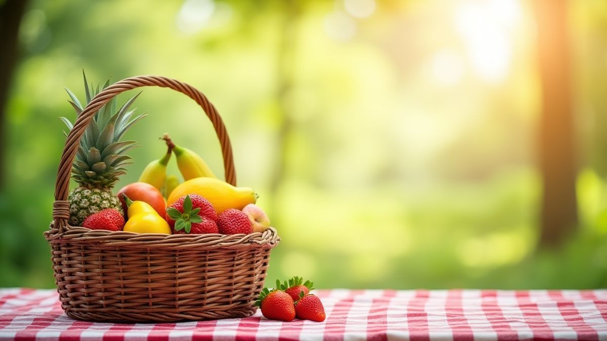 Fruitmand op een picknicktafel onder een zonnige lucht.