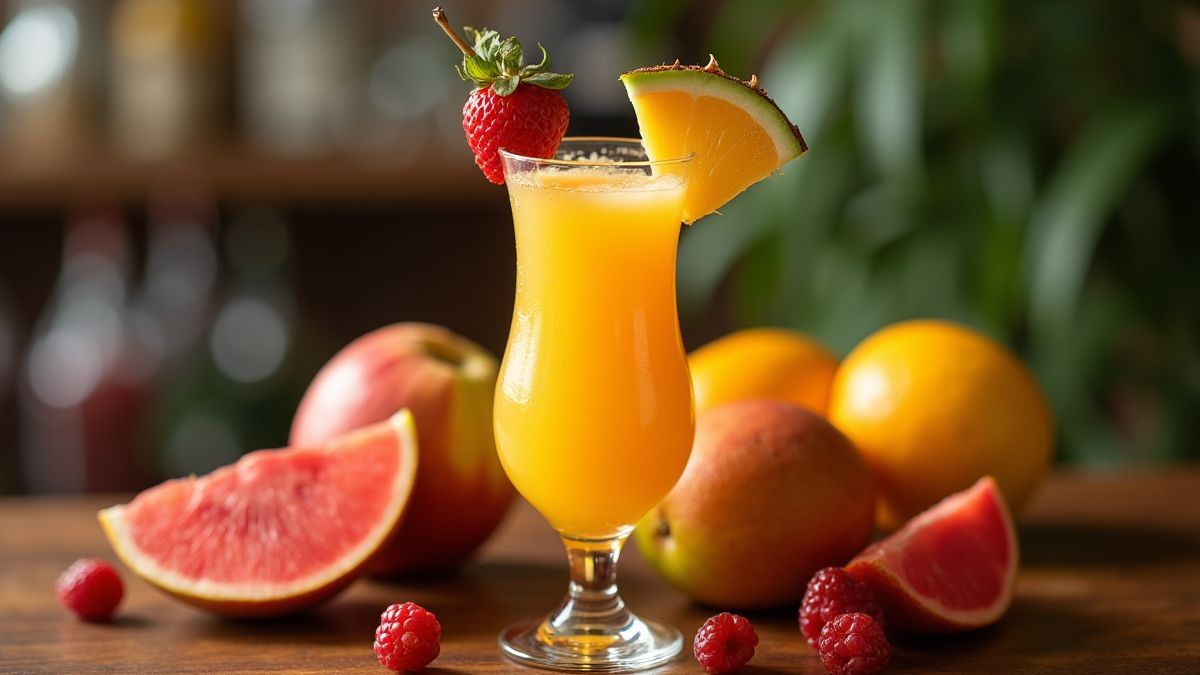 Tropische cocktail omringd door verse vruchten op een houten tafel.