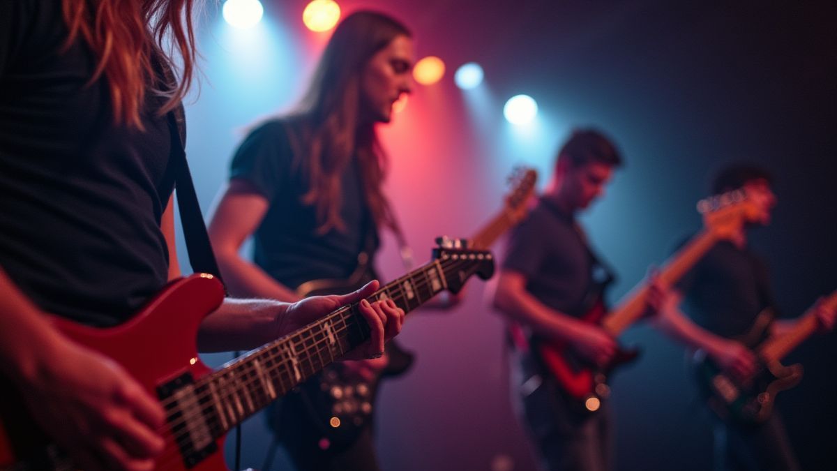 Uma banda de rock tocando em um palco com luzes brilhantes e guitarras.