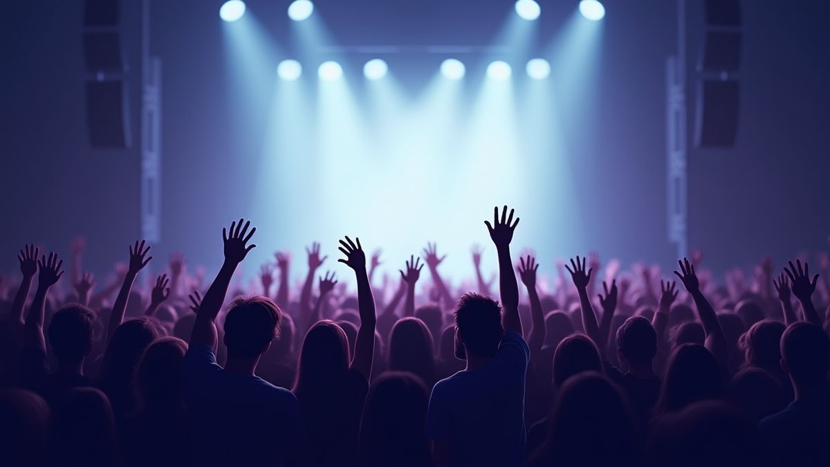 Uma multidão em concerto com mãos levantadas frente a um palco iluminado.