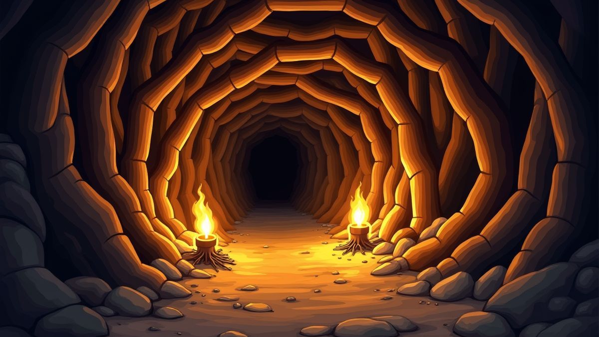 Entrada de una mina de oro iluminada por antorchas.