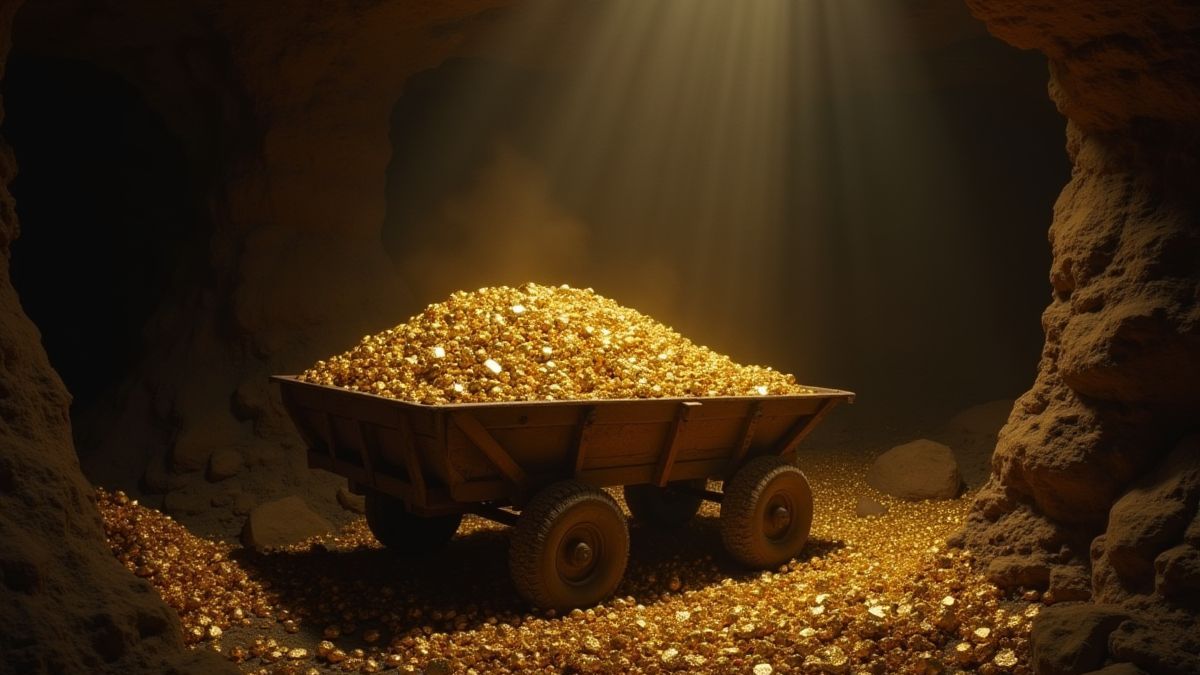 Carro lleno de pepitas de oro en una mina iluminada tenuemente.