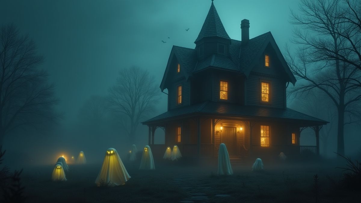 Une maison hantée avec des fantômes brillants et une brume inquiétante.