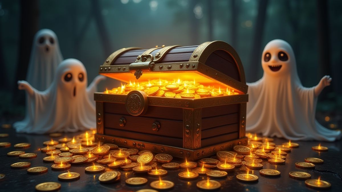 Un coffre au trésor brillant entouré de pièces d'or et de fantômes.