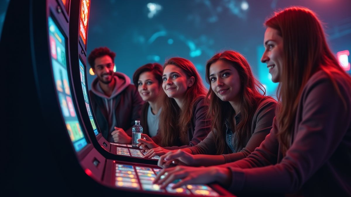 Des joueurs profitant d'une machine à sous dans une ambiance inquiétante.