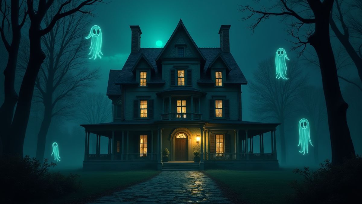 Una mansión embrujada con símbolos luminosos y fantasmas flotantes.