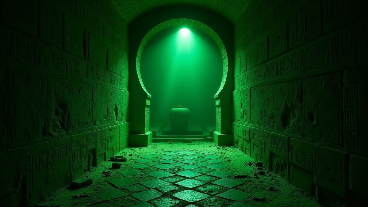 Uma tumba egípcia iluminada com luz fantasmal verde e artefatos misteriosos.