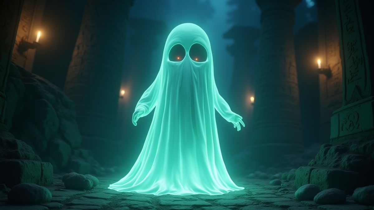 Um fantasma resplandecente em uma cena de jogo com jeroglíficos e luz inquietante.