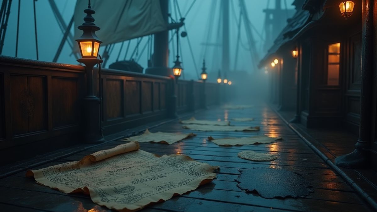 Piraten-Schiffdecks mit verstreuten Schatzkarten und leuchtenden Laternen.