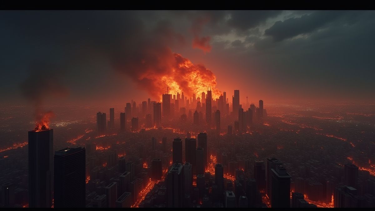 A dark urban skyline with glowing flames around it.