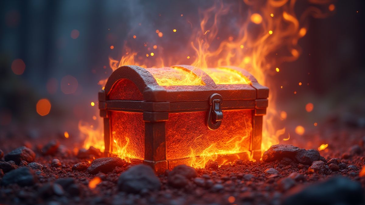 A flaming treasure chest surrounded by mystical energy.