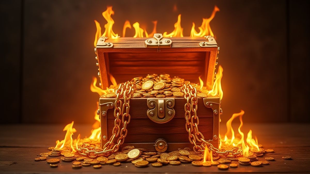 Brennende Ketten, die einen Schatztruhe voller Goldmünzen umschlingen.