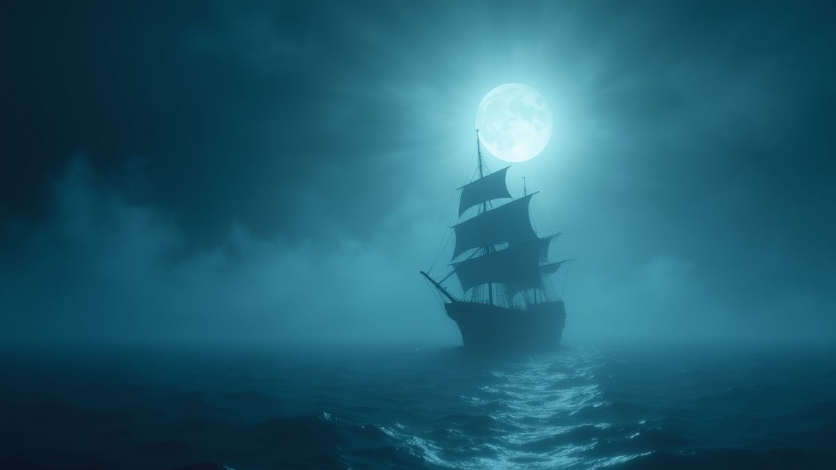 Mistige oceaan met een piratenschip onder het maanlicht.
