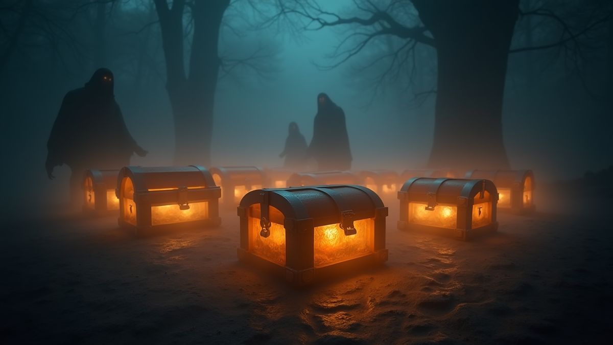Glanzende schatkisten omringd door mist en spookachtige figuren.