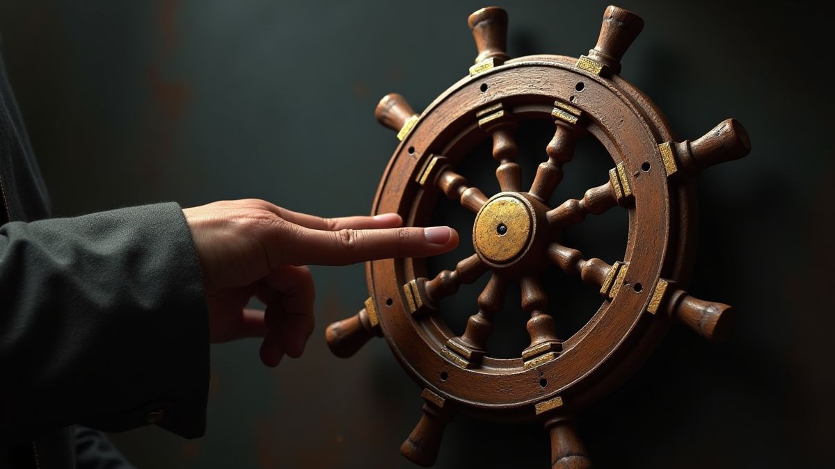 Piraat hand die een gokkast draait in de vorm van een schipwiel.