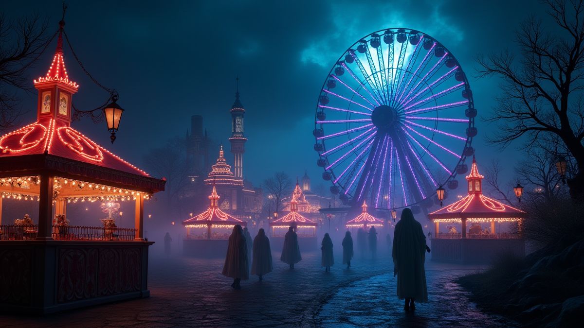 Parque de diversões assustador com luzes e figuras fantasmagóricas.