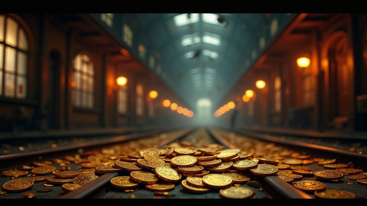 Moedas de ouro em uma estação de trem fantasma.