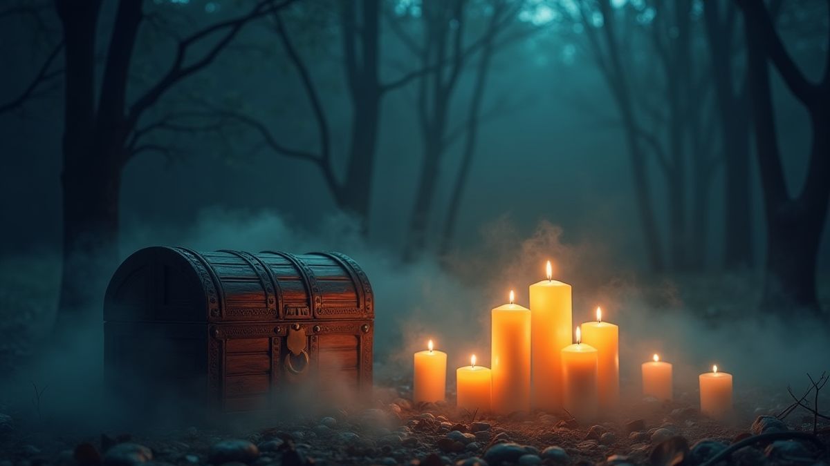 Bougies brillantes et un coffre au trésor entouré de brume fantomatique.