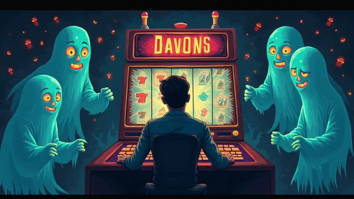 Joueur devant une machine à sous entouré de figures fantomatiques.