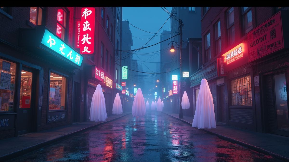 Street illuminated with neon lights and floating ghosts.