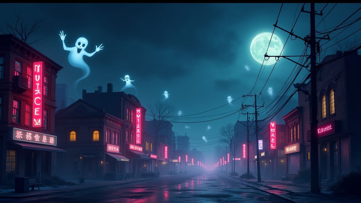 Paisaje urbano embrujado con fantasmas flotantes y luces de neón