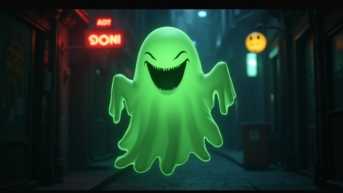 Fantôme vert brillant flottant dans un alley sombre avec des enseignes néon.
