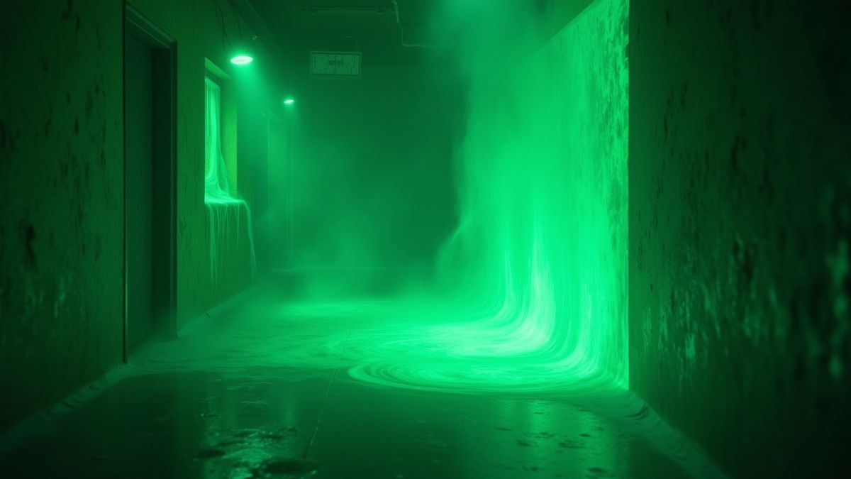 Ectoplasma verte brillante gouttant des murs dans un laboratoire effrayant.