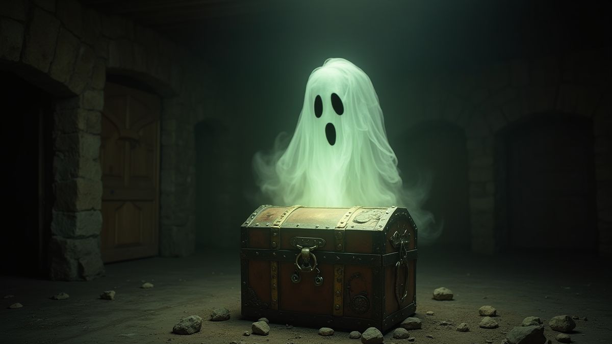 Fantasma flotando sobre un cofre del tesoro en una habitación oscura.