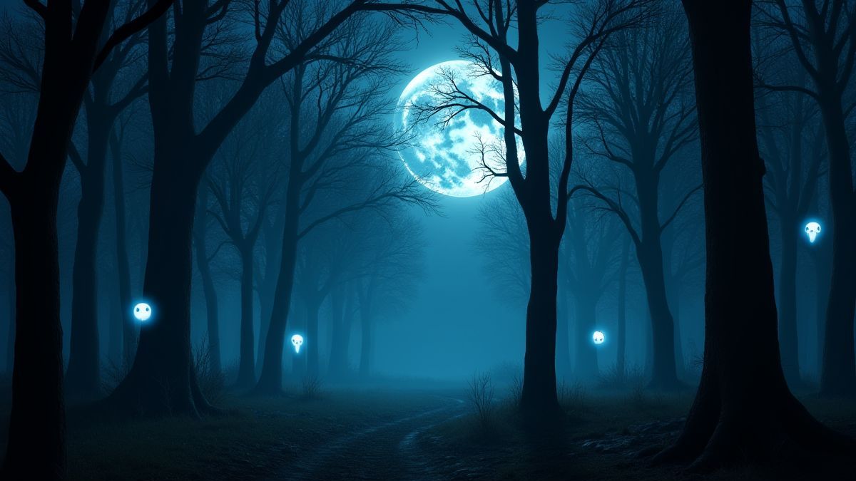 Bosque tenebroso iluminado por la luna llena con figuras fantasmales flotando entre los árboles.