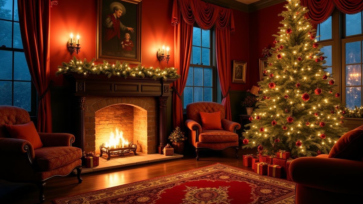 Un salon victoriano navideño con chimenea y árbol decorado.