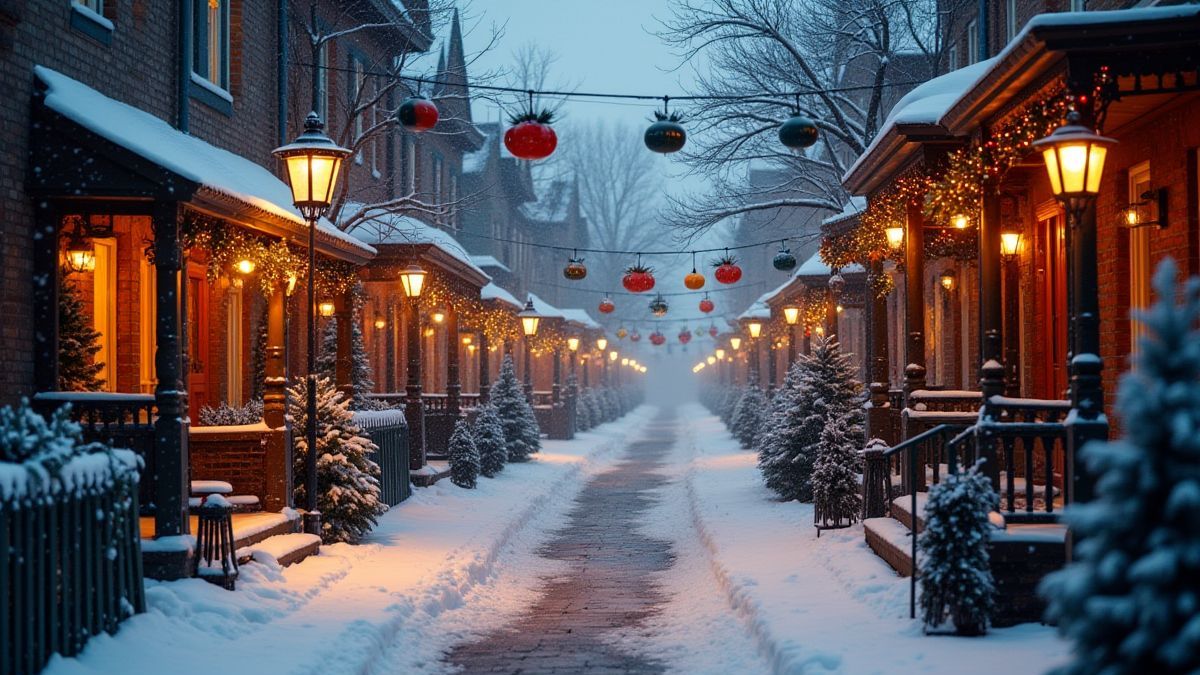 Une rue victorienne enneigée avec des lanternes chaleureuses et des décorations festives.