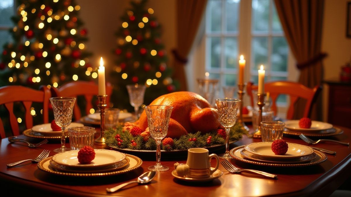 Une table festive avec des décorations de Noël et une dinde au centre.