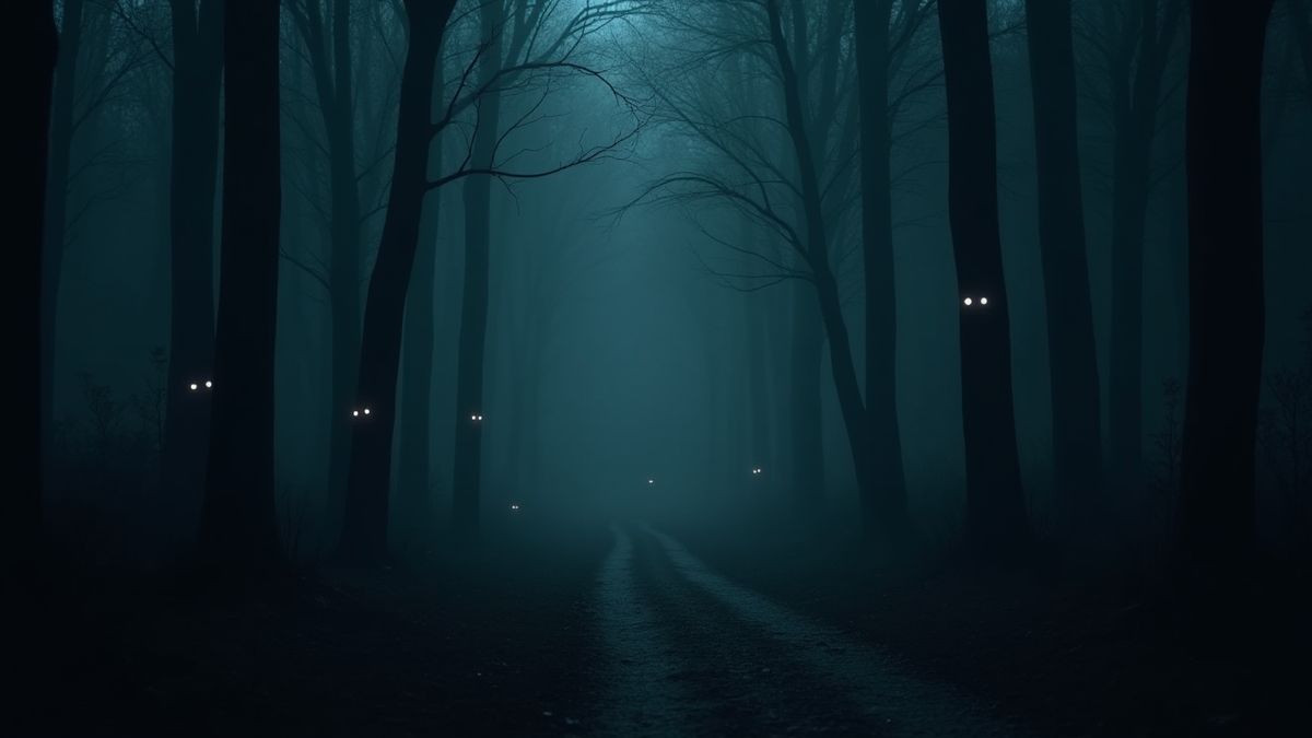 Un forêt sombre avec des yeux brillants entre les ombres.