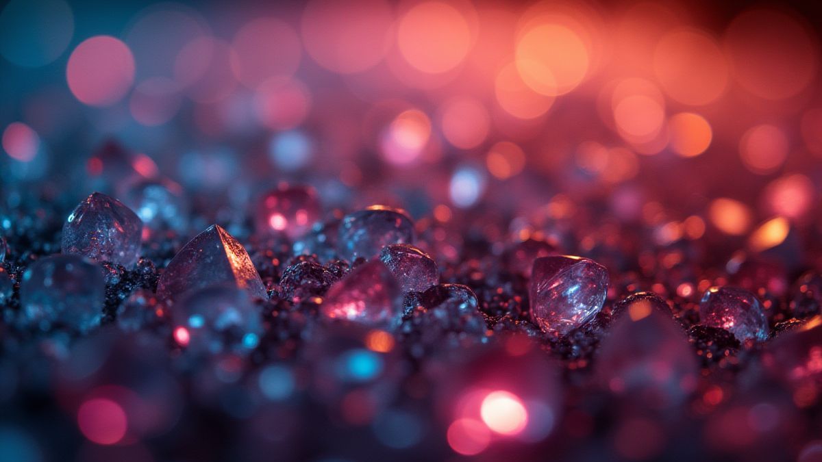 Vue rapprochée de pierres précieuses brillantes sous un éclairage intense.