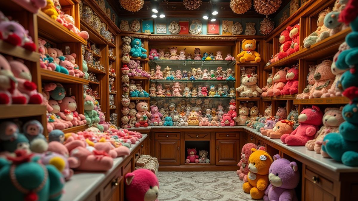 Tienda de regalos con juguetes y joyas brillantes.