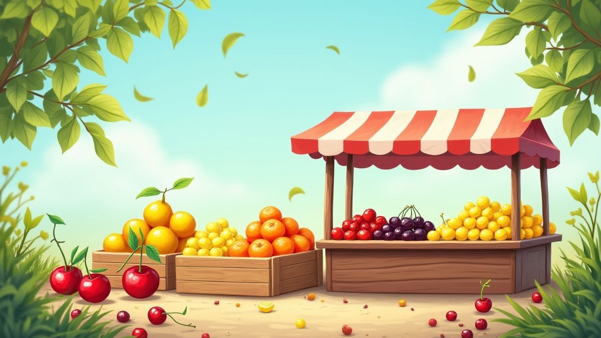 Puesto de frutas con cerezas, naranjas y limones bajo el cielo de verano.
